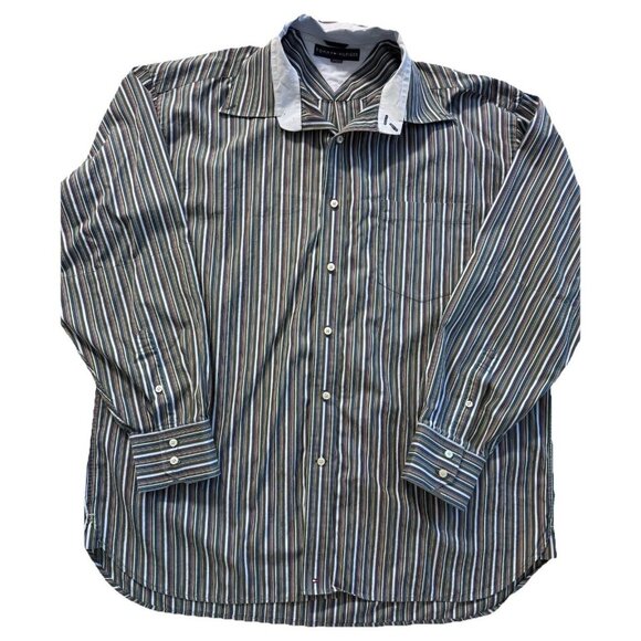 Vintage Tommy Hilfiger Mens XL Striped Button Down Shirt Lined Roll-Up Sleeves - Picture 1 of 14